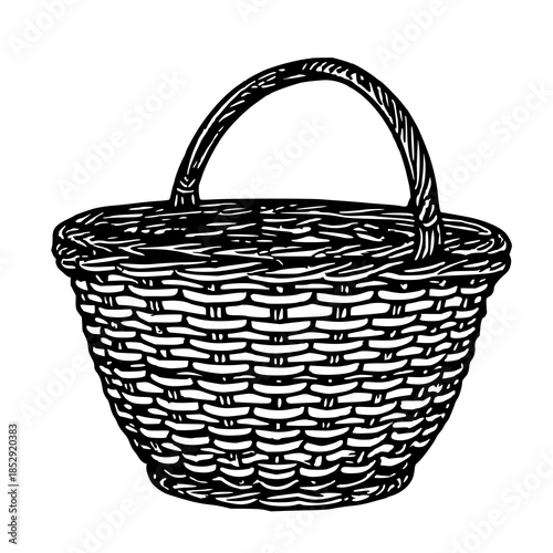 ​​​​Woven rattan basket, black line art, white bac