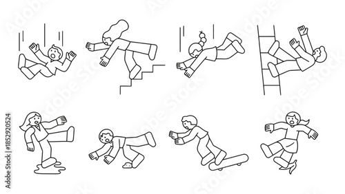 Illustrations depict people falling in various scenarios, showing accidents.