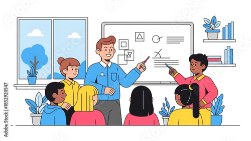 Teacher instructing diverse students in a classroom with a digital whiteboard concept of education and learning flat vector illustration