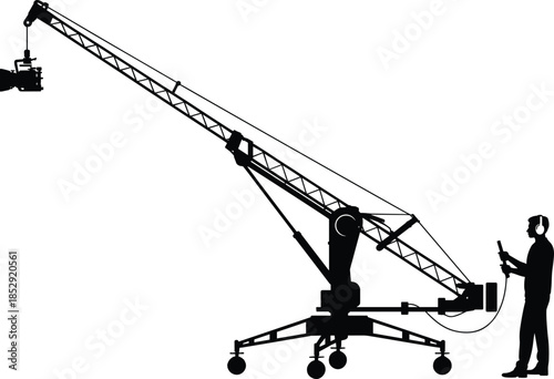 Camera crane silhouette with operator controlling jib arm filming professional studio broadcast cinema production isolated black vector illustration