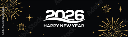 Festive black banner with bold white 2025 Happy New Year typography, surrounded by elegant golden fireworks and sparkling stars, perfect for holiday greetings, celebrations, party invitations.