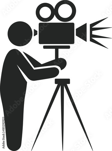 Camera operator icon filming with movie camera on tripod representing filmmaking videography media production cinema vector illustration minimal flat design