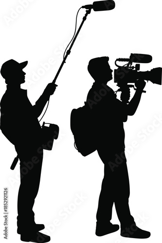 Boom microphone operator and camera videographer recording professional documentary footage silhouette vector illustration for broadcast media production concept design background