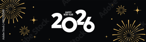 Festive black banner with bold white 2025 Happy New Year typography, surrounded by elegant golden fireworks and sparkling stars, perfect for holiday greetings, celebrations, party invitations.
