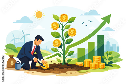 Businessman Planting Money Tree for Financial Growth and Success