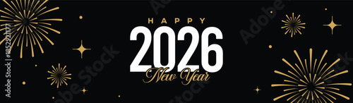 Festive black banner with bold white 2025 Happy New Year typography, surrounded by elegant golden fireworks and sparkling stars, perfect for holiday greetings, celebrations, party invitations.