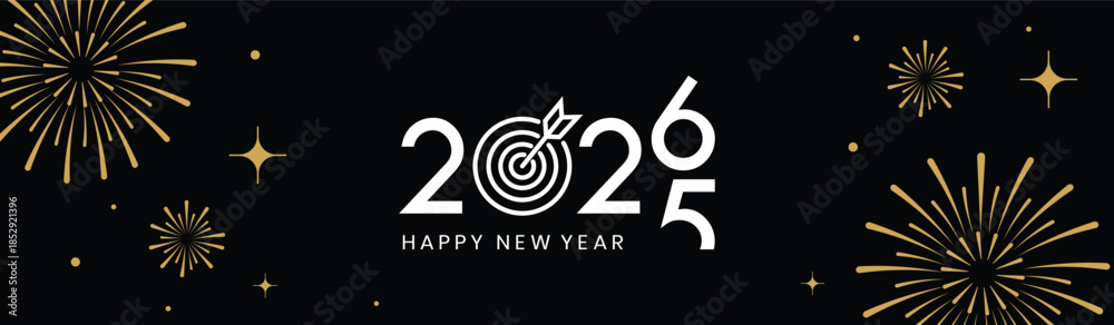 Fototapeta premium Festive black banner with bold white 2025 Happy New Year typography, surrounded by elegant golden fireworks and sparkling stars, perfect for holiday greetings, celebrations, party invitations.