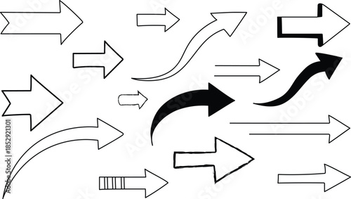 A collection of various black and white arrows on a white background