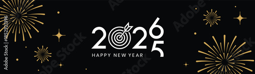 Festive black banner with bold white 2025 Happy New Year typography, surrounded by elegant golden fireworks and sparkling stars, perfect for holiday greetings, celebrations, party invitations.
