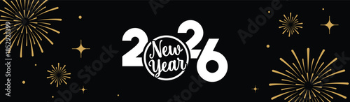 Festive black banner with bold white 2025 Happy New Year typography, surrounded by elegant golden fireworks and sparkling stars, perfect for holiday greetings, celebrations, party invitations.