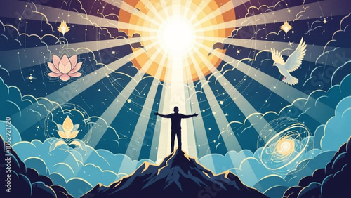 Silhouette of a person standing on a mountain peak arms outstretched towards a radiant sun symbolizing enlightenment hope and spiritual awakening with celestial elements and clouds