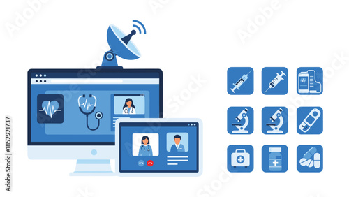 Comprehensive telemedicine concept illustrating virtual doctor consultations on desktop and tablet screens, complemented by a set of essential medical icons, symbolizing digital healthcare.