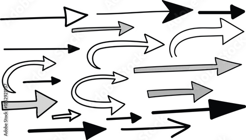 A collection of various black and white arrows on a plain white background