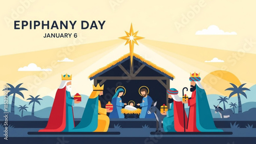 Epiphany Day Nativity scene with the Three Wise Men flat vector illustration for religious holidays and Christmas celebrations January 6