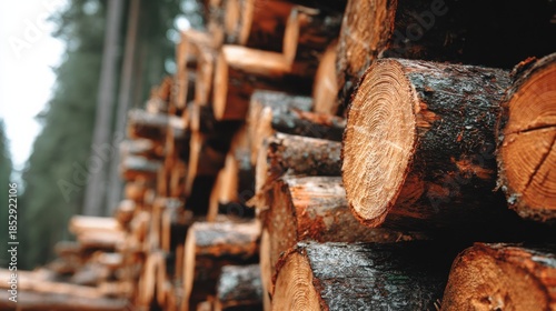 Medium shot of certified sustainable wood logs stacked neatly showcasing responsible forestry practices for environmentally friendly millwork.
