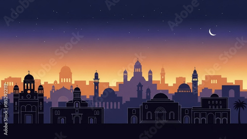 Middle Eastern cityscape silhouette at dusk featuring diverse architectural styles and a crescent moon in the twilight sky perfect for travel and cultural themes