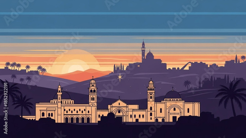 Silhouetted cityscape of ancient buildings and palm trees at sunset a serene landscape illustration for travel and cultural themes