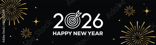 Festive black banner with bold white 2025 Happy New Year typography, surrounded by elegant golden fireworks and sparkling stars, perfect for holiday greetings, celebrations, party invitations.
