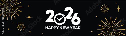 Festive black banner with bold white 2025 Happy New Year typography, surrounded by elegant golden fireworks and sparkling stars, perfect for holiday greetings, celebrations, party invitations.