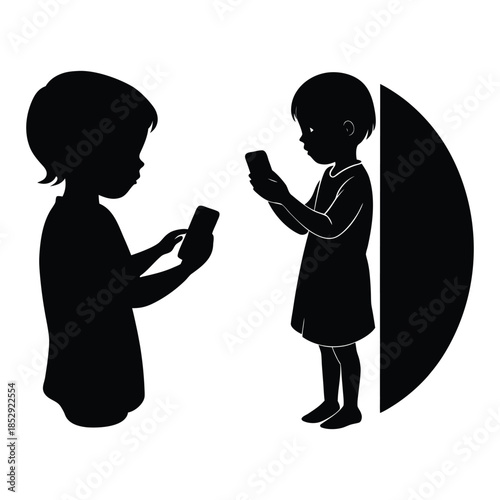 Child silhouette holding smartphone representing technology addiction and screen time