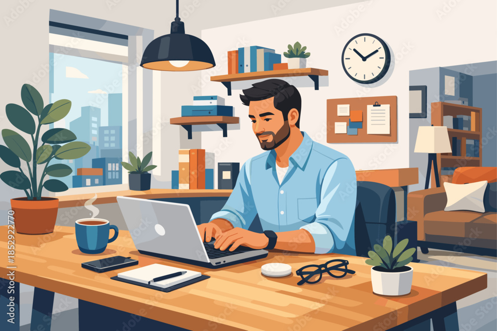 Fototapeta premium Man Working on Laptop in Modern Home Office