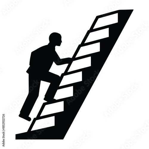 Silhouette of a person climbing a ladder on a staircase symbolizing success and achievement
