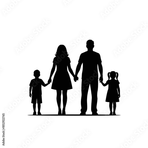 Family silhouette illustration with parents holding hands with their two children, a boy and a girl, depicting unity and togetherness.