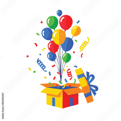 Colorful illustration of a gift box with balloons and confetti popping out, against a clean white background with a joyful and celebratory mood.