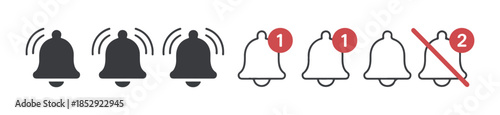 Group of notification bell icons including ringing solid filled and outline with badge and silent