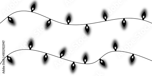 Two wavy strings of unlit black decorative light bulbs with a subtle glow on a white background, perfect for holiday or celebration designs.