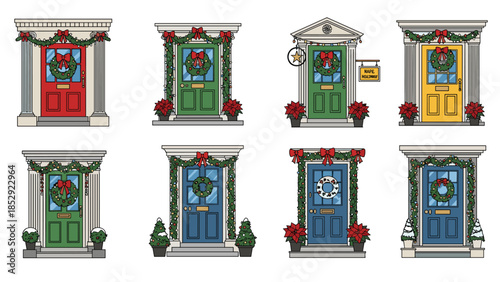 Charming collection of eight diverse Christmas doors, each beautifully adorned with festive wreaths, lush garlands, and vibrant poinsettias, creating a welcoming holiday entrance.
