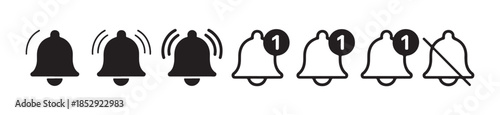 Notification bell icons set different styles silhouette and outline with alert badge and sound waves