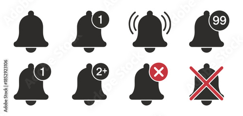 Bell notification icons with number badges and alert symbols for social media updates