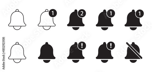 Notification bell icons including counts and alerts for user interface and app design