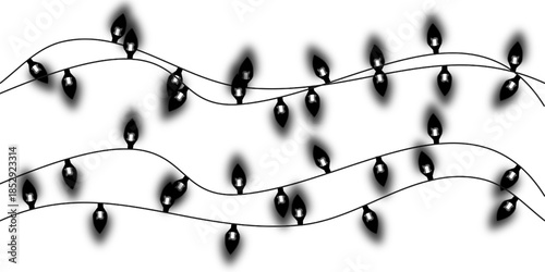 Black and white illustration of two wavy strings of unlit decorative lights with a subtle glow on a white background.