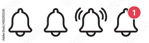 Set of notification bell icons line art outline and filled different states and variations of alert system
