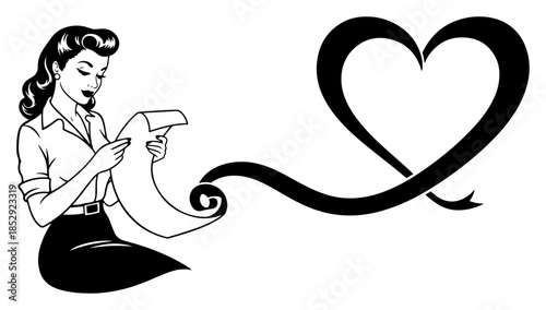 Vintage pin-up woman reading a long scroll list forming a heart shape vector illustration