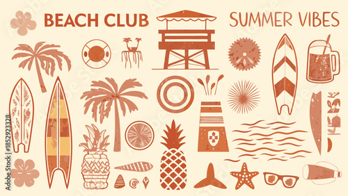 A collection of summer themed illustrations beach surfboards and tropical elements