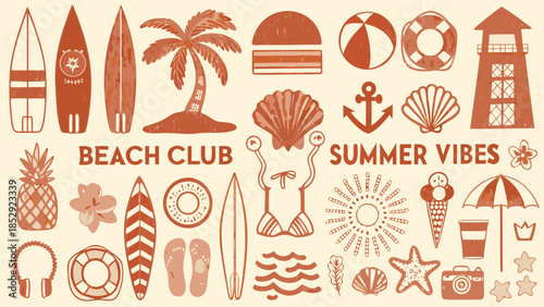 A vibrant collection of summer beach icons and tropical elements illustrated in terracotta