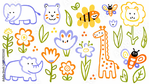 Colorful doodle illustration featuring animals flowers and insects in a playful style