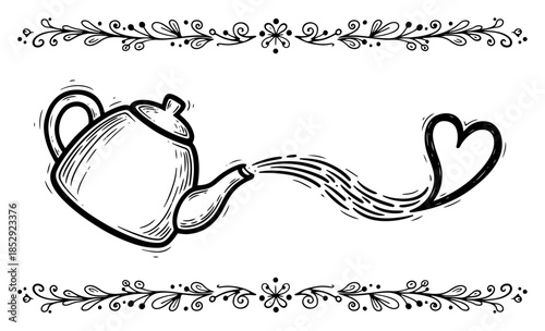 Teapot pouring liquid forming a heart shape with floral border vector illustration sketch style