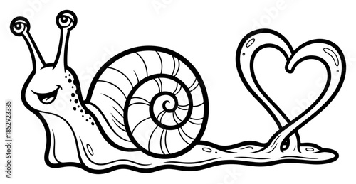 Cute snail leaving a heart shaped slime trail vector illustration funny animal love concept