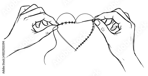 Hands sewing a stitched heart shape vector illustration mending love concept sketch