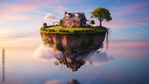 Fantasy house on floating island landscape.
