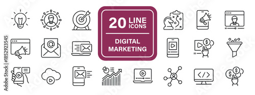 Collection of Digital Marketing Icons Illustrating Strategy Engagement and Conversion for Online Business and Advertising Campaigns Perfect for Web Exactly 200 Chars