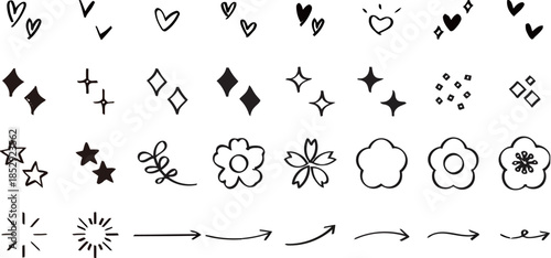 Collection of Doodle Design Elements on White Background Vector Set Hearts Diamonds Stars Flowers Arrows Ornaments Lines Sparkles and More Hand Drawn Icons