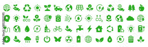 Collection of Eco Green Icons Set with Leaf Ecology Renewable Energy Earth Globe Solar Panel Recycle Nature Environment Editable Vector Design Elements
