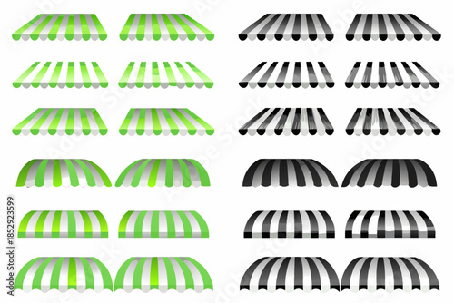 Collection of colorful and grayscale striped awnings in repeating patterns
