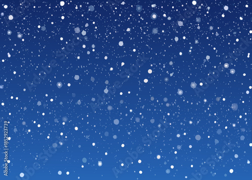 A serene winter scene featuring a snowfall against a deep blue backdrop