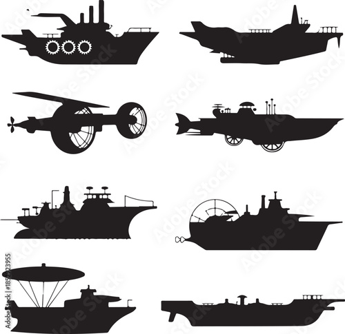 Collection of various military ships and submarines silhouettes for creative design and branding